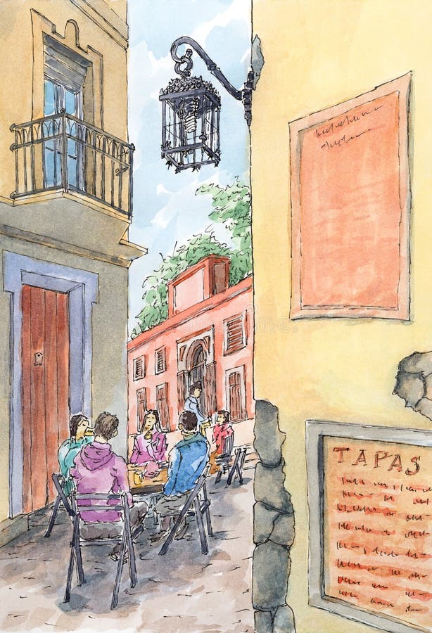 Spanische alte Straße mit Sitzpersonen stock abbildung Spanische alte Straße mit Sitzpersonen stock abbildung