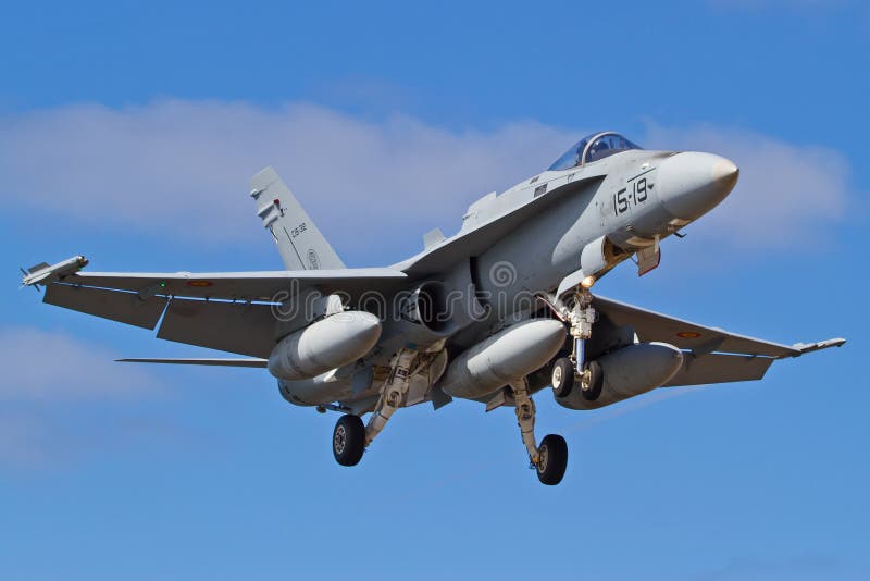 Spanish Air Force F-18 Hornet fighter jets on final for landing