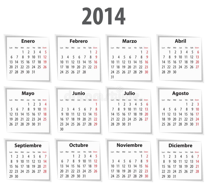 Spanish Calendar for 2014 with Shadows. Mondays First Stock Vector