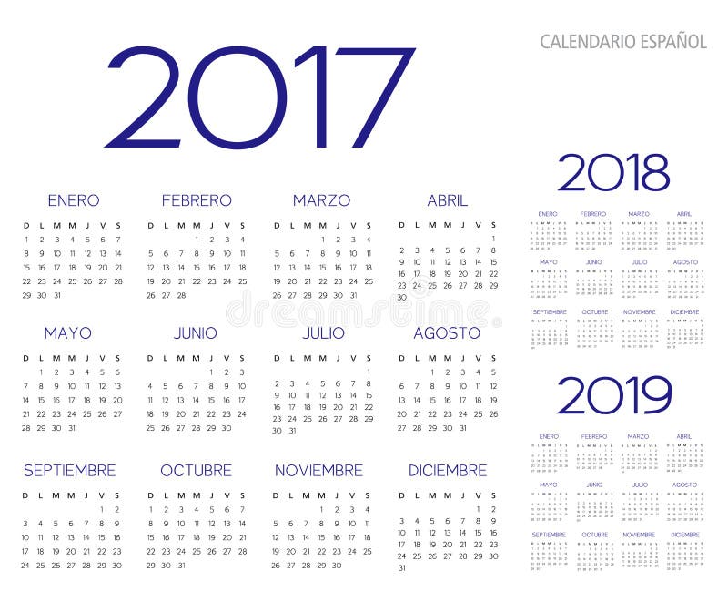 Spanish Calendar 2017-2018-2019 vector text is outline version 1