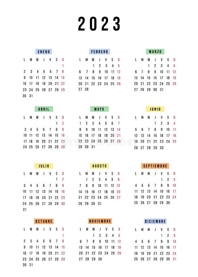 Spanish Calendar 2023 Year. Vector Stationery Calendar Week Starts