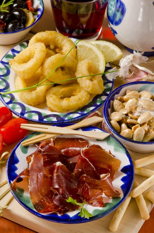 Spanish Cuisine. Assorted Tapas on Ceramic Plates. Stock Image Image