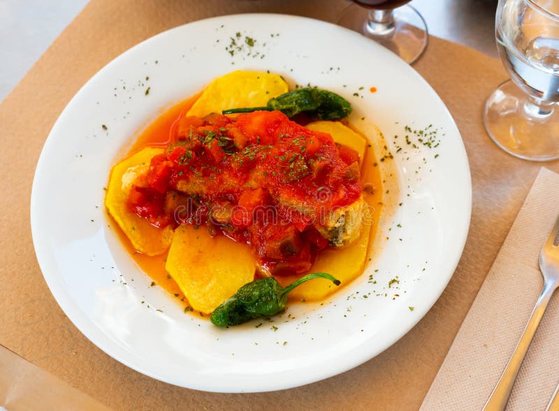 Spanish Dish Cod with Sanfaina, Sauteed Vegetables and Tomato Sauce