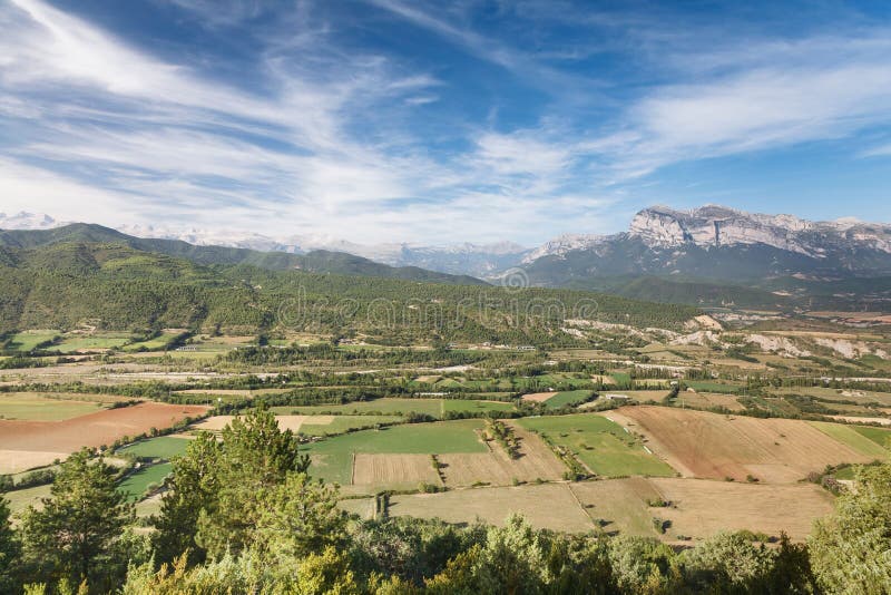 Spanish Farming Landscape. Fields and Pyrenees, Aragon, Spain Stock ...