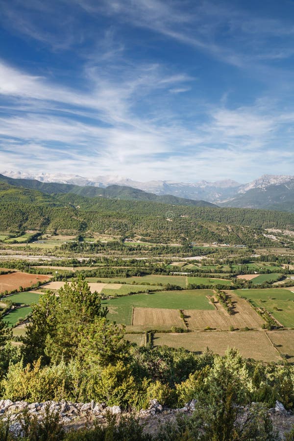 Spanish Farming Landscape. Fields and Pyrenees, Aragon, Spain Stock ...