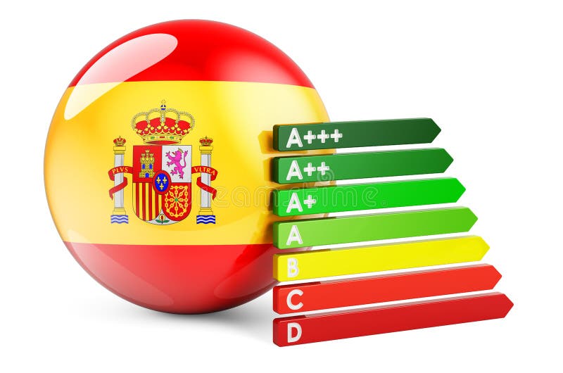 Spanish Flag with Energy Efficiency Rating. Performance Certificates in