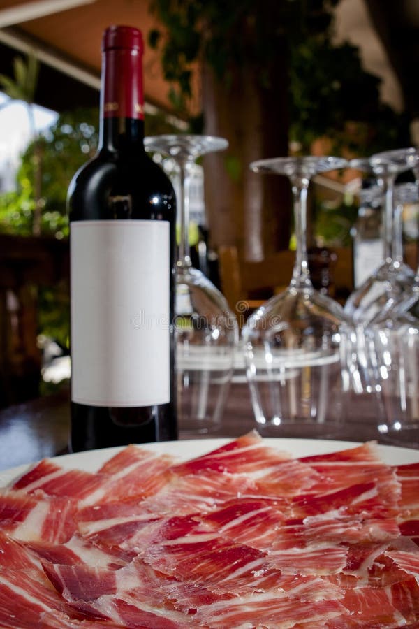 Spanish Ham Jamon and Bottle of Red Wine Stock Photo Image of glass