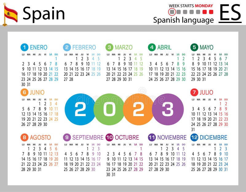 Spanish Horizontal Pocket Calendar for 2023. Week Starts Monday Stock