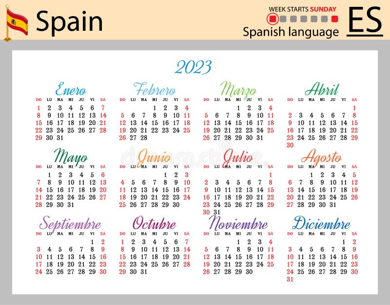 Spanish Horizontal Pocket Calendar for 2023. Week Starts Sunday Stock