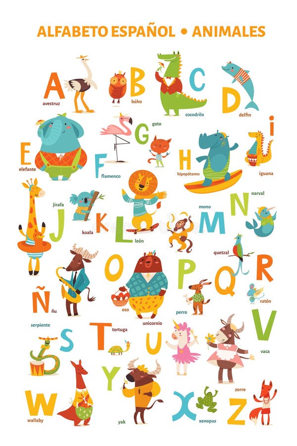 Spanish Language Alphabet Poster with Cartoon Animals Stock Vector ...