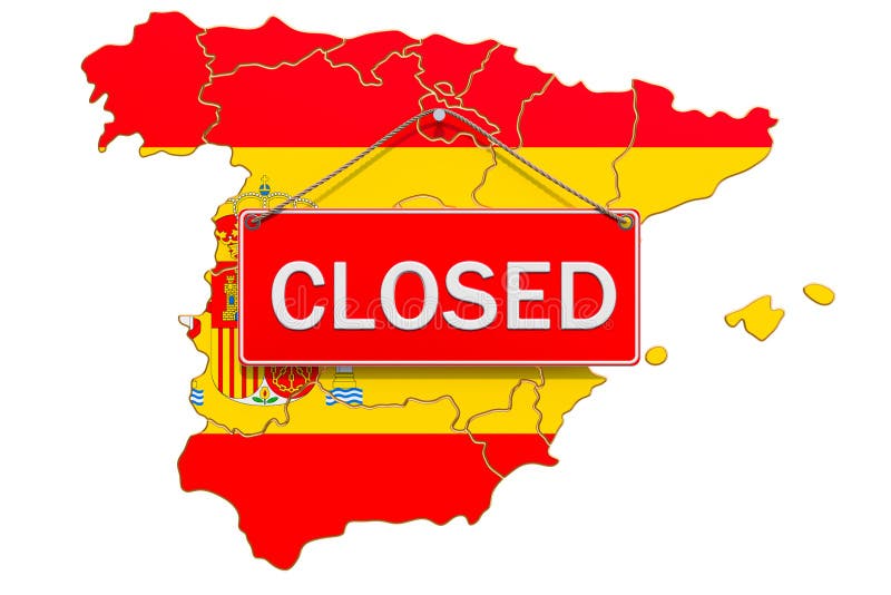 Spanish Map with Closed Hanging Sign, Quarantine Concept. 3D Rendering
