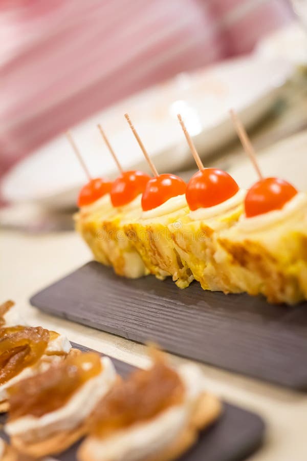 Spanish Omelet Tapas and Cheese with Onion Pinchos Stock Photo Image