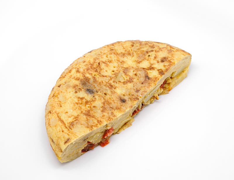 Spanish Omelette With Olive Oil And Red Pepper Isolated On White Stock