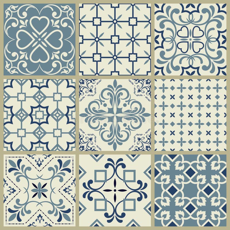 Spanish or Portuguese vector tile pattern, Lisbon floral mosaic, Mediterranean seamless navy blue ornament.Ornamental tile stock illustration Spanish or Portuguese vector tile pattern, Lisbon floral mosaic, Mediterranean seamless navy blue ornament.Ornamental tile stock illustration