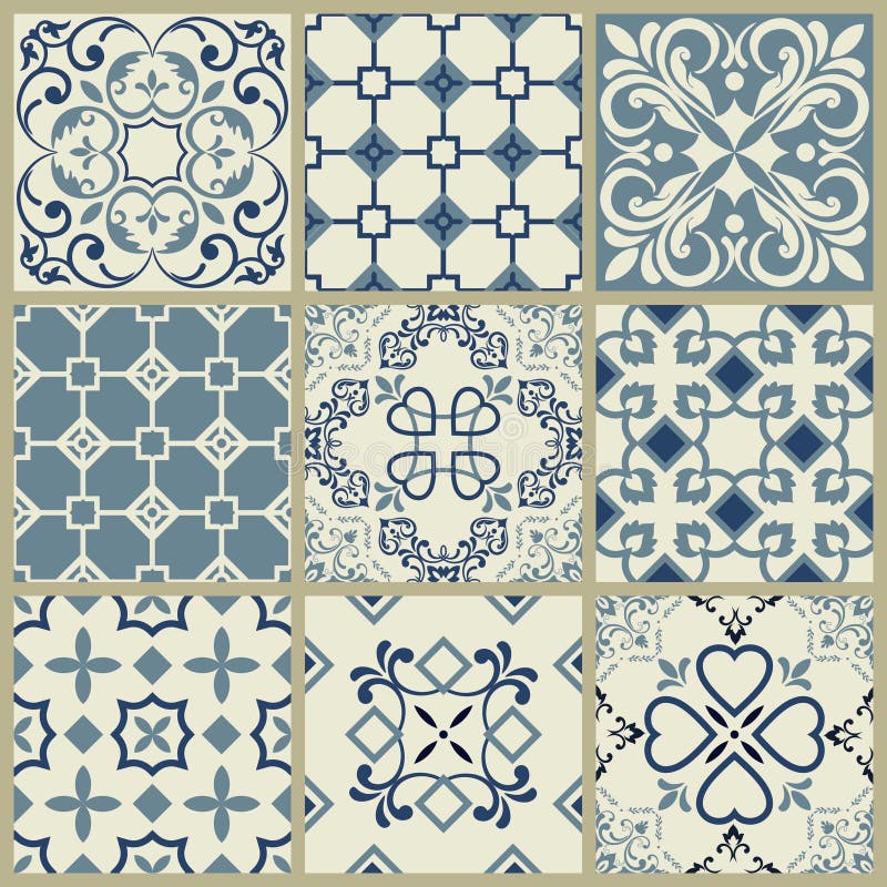 Spanish or Portuguese vector tile pattern, Lisbon floral mosaic, Mediterranean seamless navy blue ornament.Ornamental tile vector illustration Spanish or Portuguese vector tile pattern, Lisbon floral mosaic, Mediterranean seamless navy blue ornament.Ornamental tile vector illustration