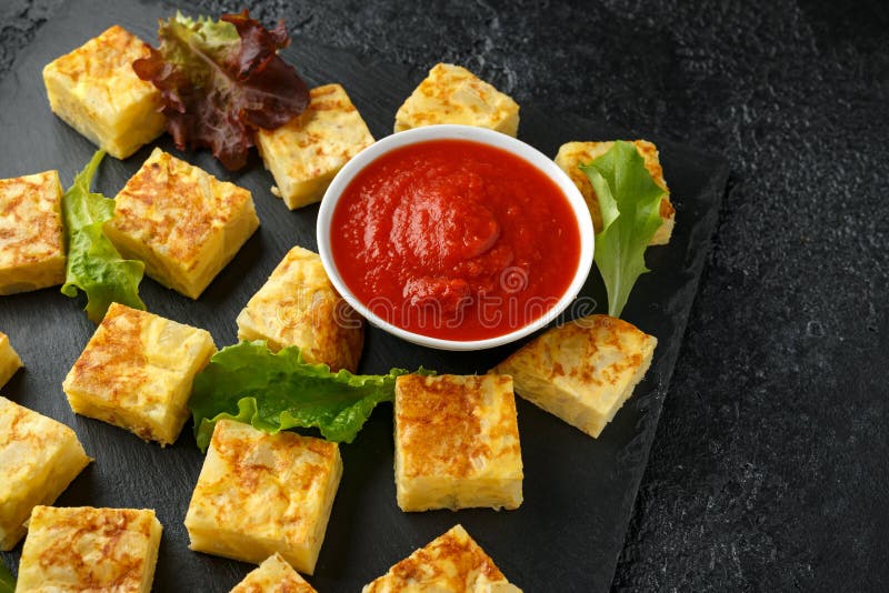 Spanish Potato Frittata Tapas with Tomato Sauce on Stone Board Stock Image Image of cheese