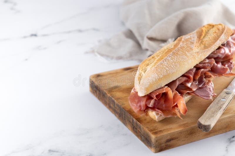 Spanish Serrano Ham Sandwich on Marble Background Stock Image Image
