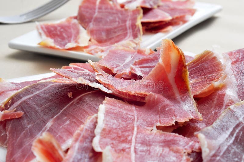 Spanish Serrano Ham Served As Tapas Stock Photo Image of slices