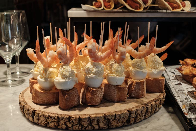 Spanish Tapas Called Pintxos of the Basque Country Stock Image Image of catering, slice 185366717