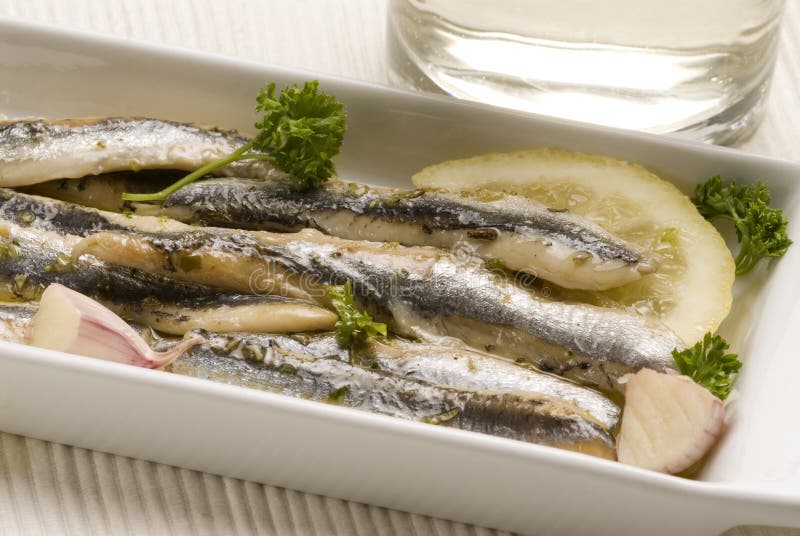 Spanish tapas. Marinated fresh anchovies.