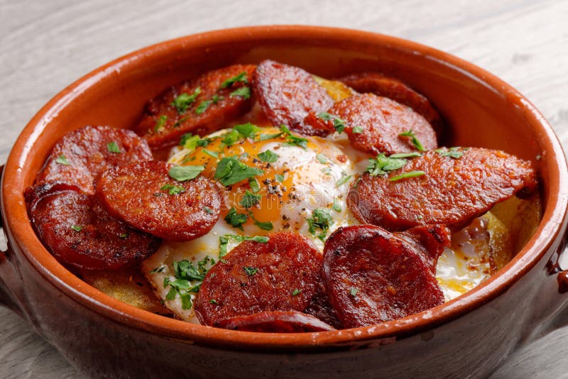 Spanish Tapas with Potatoes and Chorizo Stock Photo Image of eggs