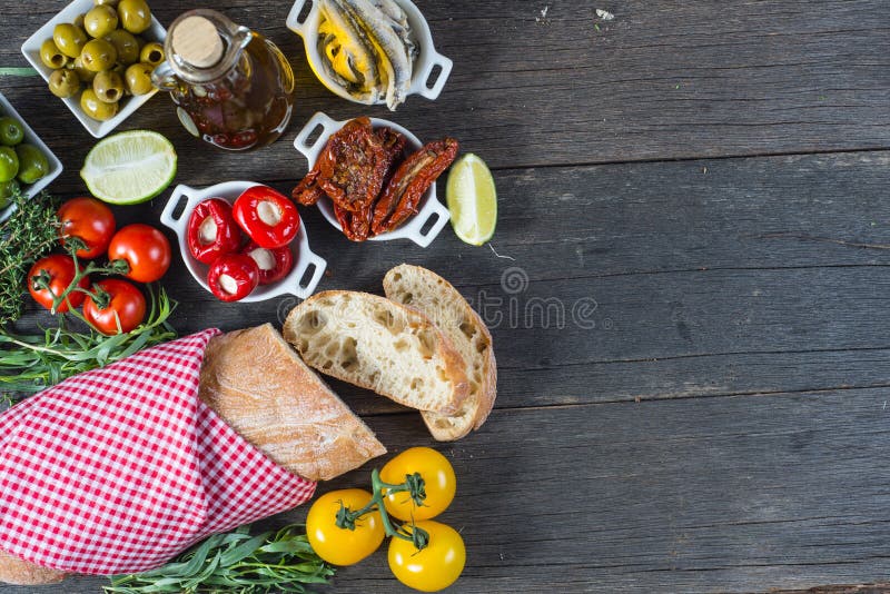 Spanish Tapas on Wooden Rustic Table from Above Stock Image Image of