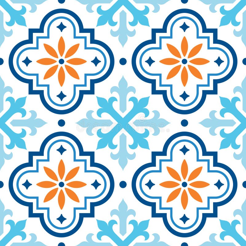 Spanish tile pattern, Moroccan tiles design, seamless blue and orange background stock illustration