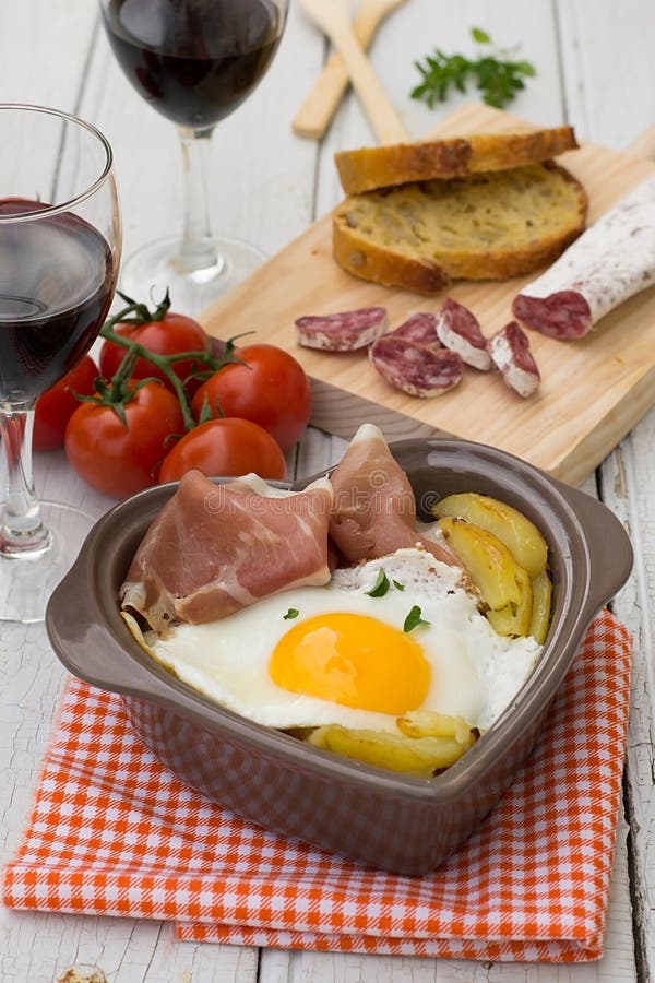 Spanish Traditional Dish Fried Eggs with Serrano Ham and Potatoes Stock