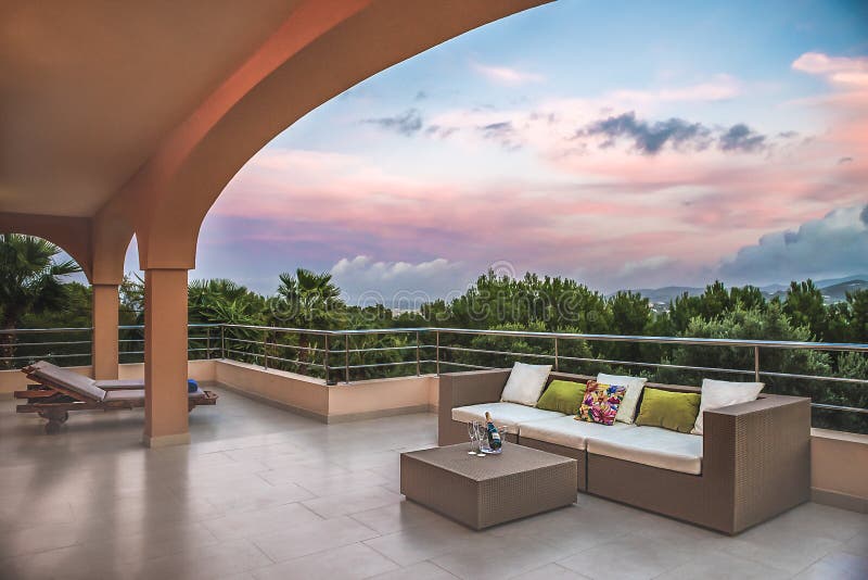 Spanish Veranda And Sofa With Wine Stock Image Image of night, little