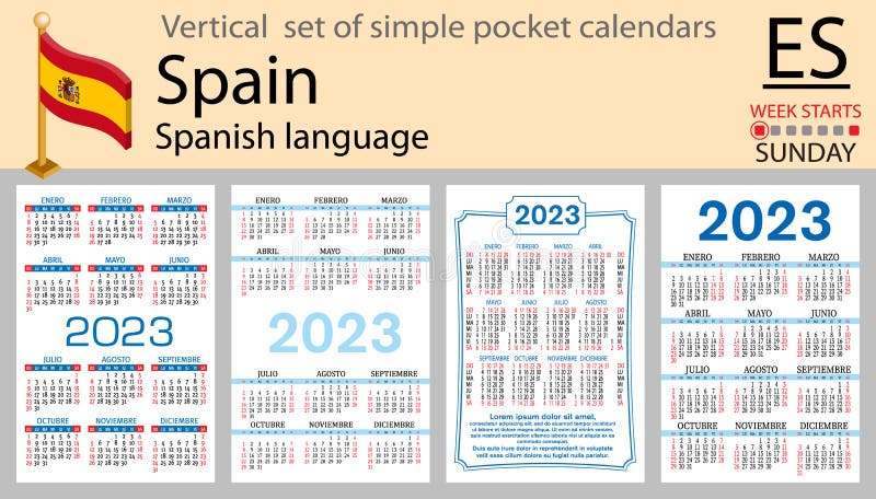 Spanish Vertical Pocket Calendar for 2023. Week Starts Sunday Stock