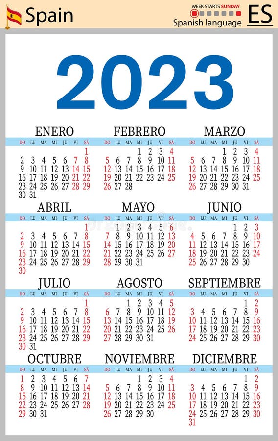 Spanish Vertical Pocket Calendar for 2023. Week Starts Sunday Stock