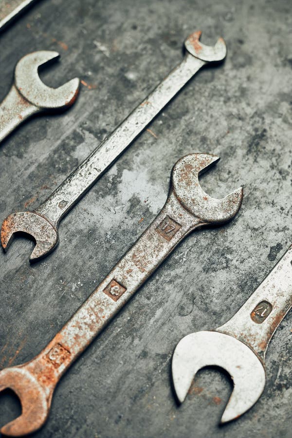 Spanners on Steel Surface. Old Rusty Wrenches for Maintenance. Mechanic