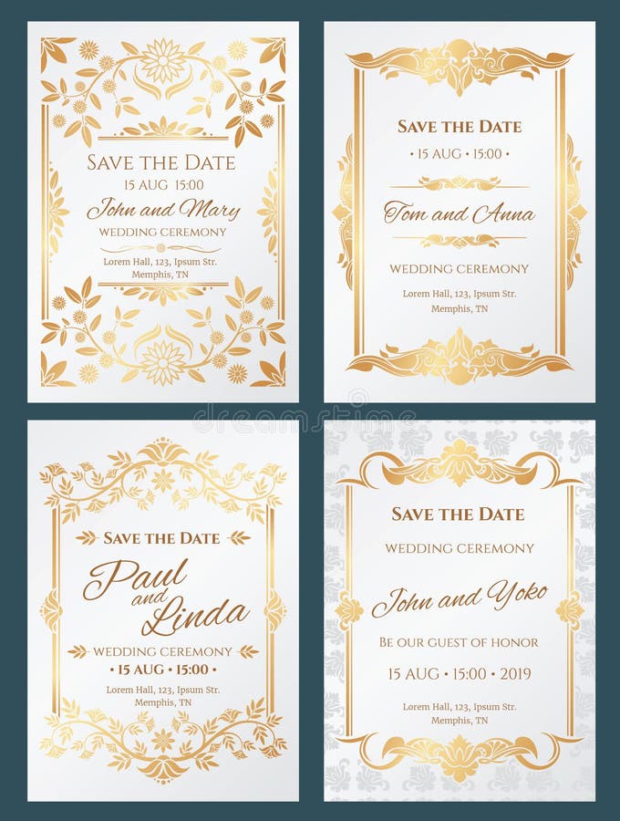 Sparen de kaarten van de het huwelijksuitnodiging van de datumluxe vector met gouden elegant grenskader vector illustratie Sparen de kaarten van de het huwelijksuitnodiging van de datumluxe vector met gouden elegant grenskader vector illustratie