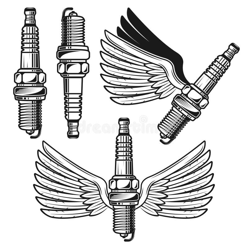 Spark plug with angelic wings vector objects. Spark plug with angelic wings set of vector objects and design elements in monochrome style isolated on white background