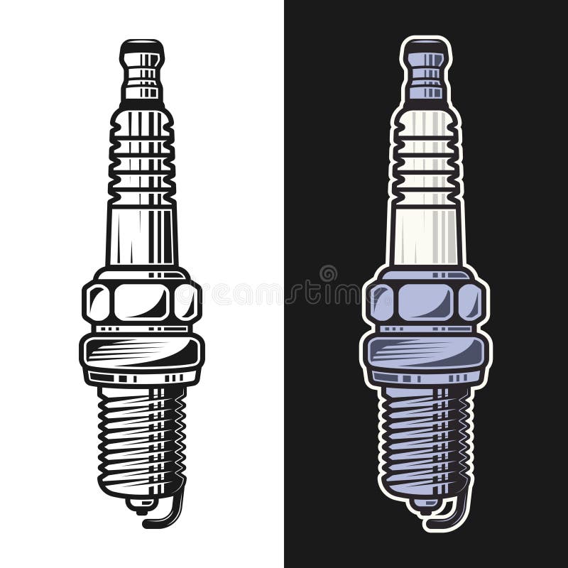 Spark plug vector objects in two styles black on white and colorful on dark background vector illustration