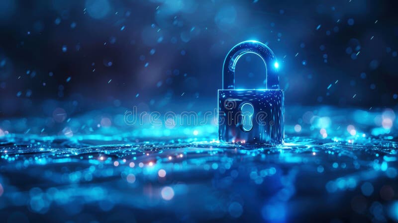 Sparkle blue light shining on master key and lock. Cyber security technology lock digital padlock representing data encryption and vector illustration