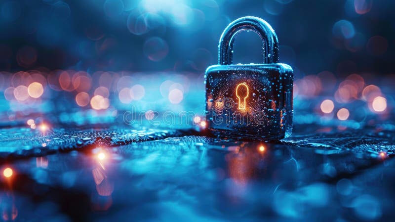 Sparkle blue light shining on master key and lock. Cyber security technology lock digital padlock representing data encryption and royalty free illustration