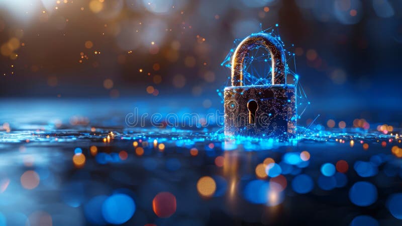 Sparkle blue light shining on master key and lock with with sparkle light network of interconnect lines and dots symbolizing vector illustration