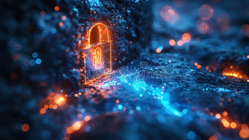 Sparkle golden light shining on master key and lock embedded in stone. Cyber security technology lock digital padlock representing stock illustration