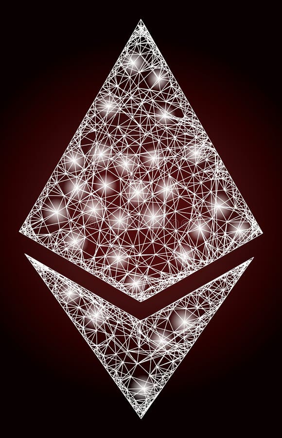 Sparkle net ethereum crystal with lightspots on a dark red gradient background. Vector frame based on ethereum crystal icon, and from hatched lines. Sparkle frame hatched mesh ethereum crystal.