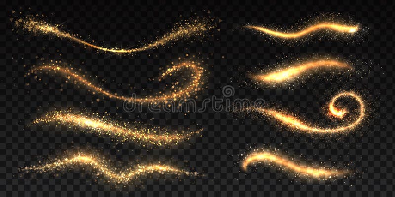 Sparkle stardust. Golden glittering dust brush templates, shining star or comet trails, Christmas shimmer texture. Vector image glowing effect brightness wave fairy glamour magics illustration. Sparkle stardust. Golden glittering dust brush templates, shining star or comet trails, Christmas shimmer texture. Vector image glowing effect brightness wave fairy glamour magics illustration