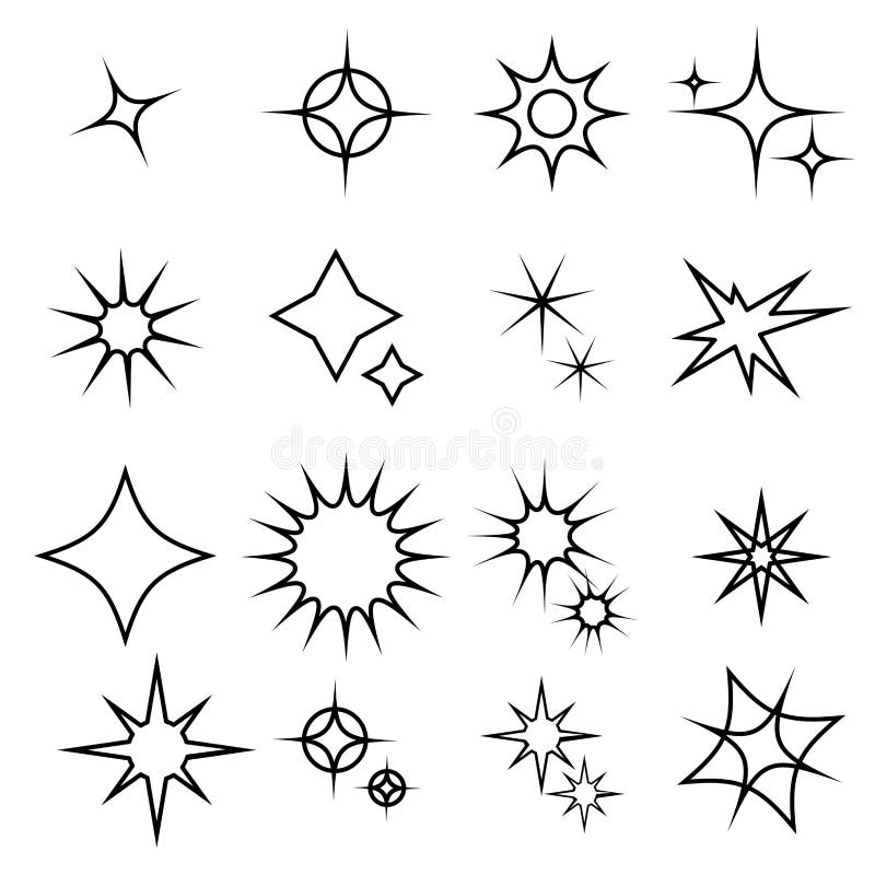 Sparkles thin line icons set. Collection of simple stars, twinkles and lights. Vector illustrations isolated on white background.