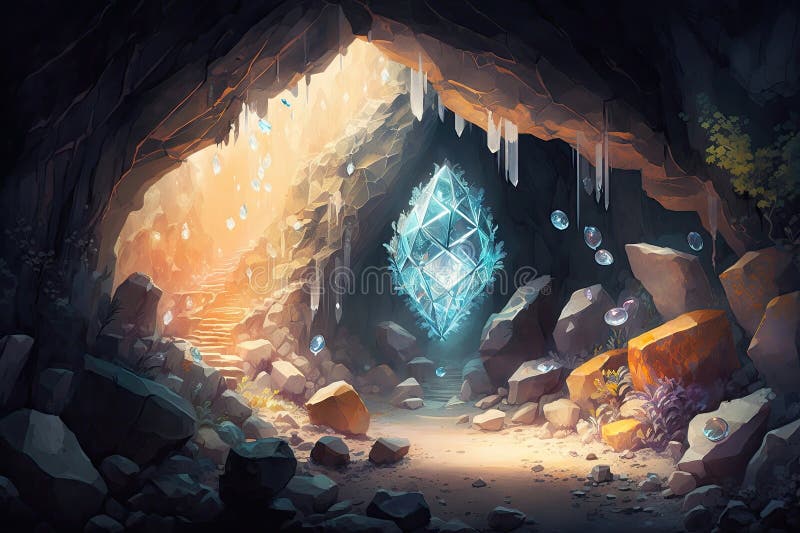 Sparkling Crystal Cave Filled with Treasures. Generative AI Stock