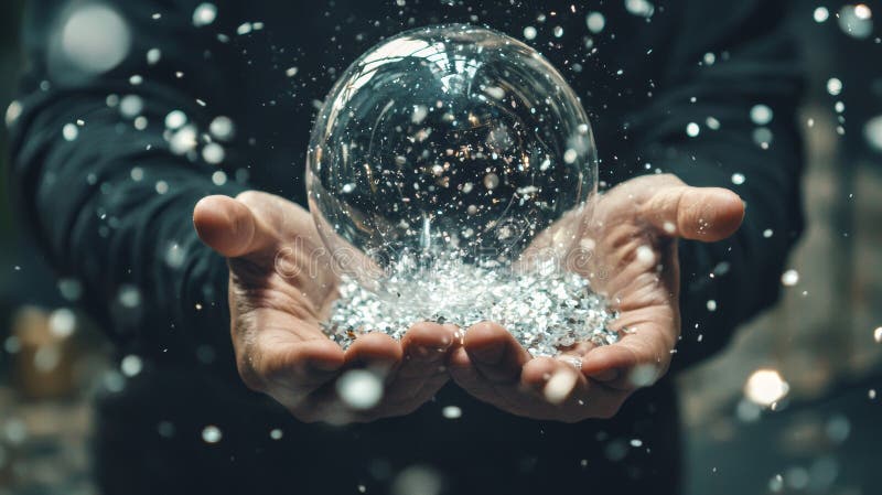 Sparkling crystal sphere held in hands royalty free stock photography