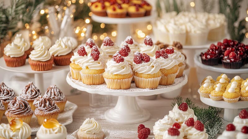 A sparkling dessert table with an array of cupcakes, tarts, and royalty free stock images