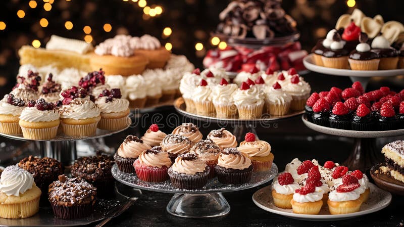 A sparkling dessert table with an array of cupcakes, tarts, and royalty free stock photo