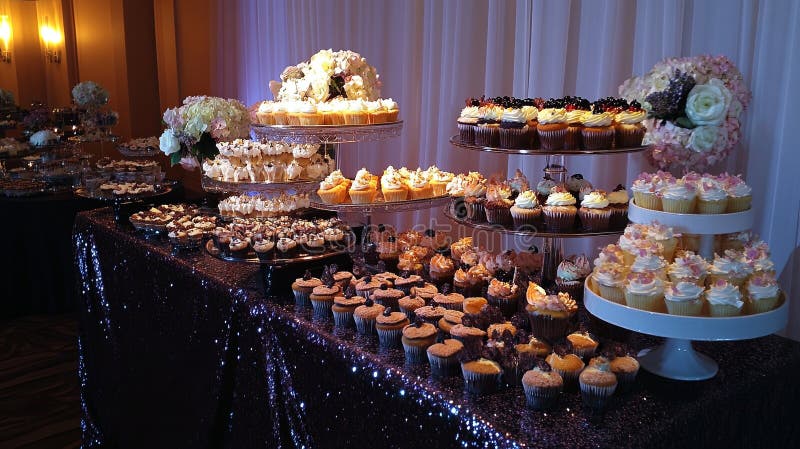 A sparkling dessert table with an array of cupcakes, tarts, and stock photo