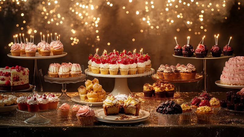 A sparkling dessert table with an array of cupcakes, tarts, and royalty free stock image