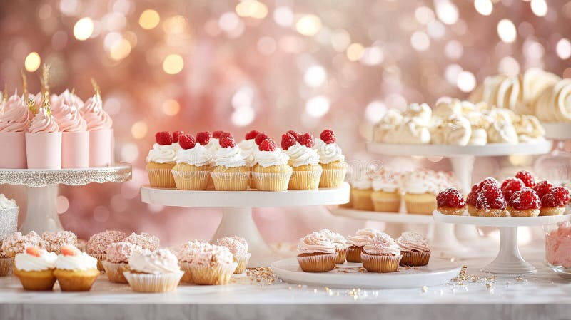 A sparkling dessert table with an array of cupcakes, tarts, and stock image