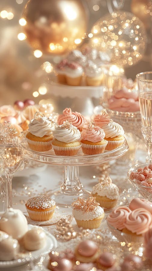 A sparkling dessert table with an array of cupcakes, tarts, and stock images